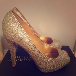 Gold glitter high heel peep toe pumps